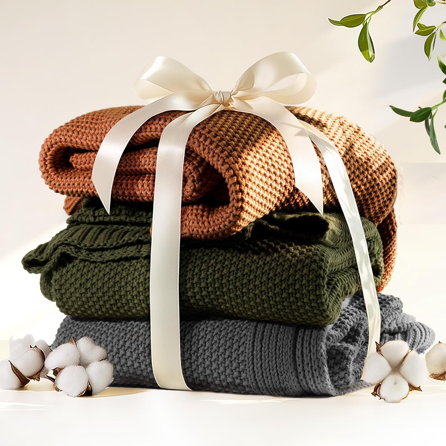 100% Cotton Cable Knit Throw Blanket, Lightweight Soft Knit Blanket for Sofa Couch Bed, Breathable All-Season Throw, Cozy Decorative Blanket, 50 x 60 Inch,Olive Green - blunique