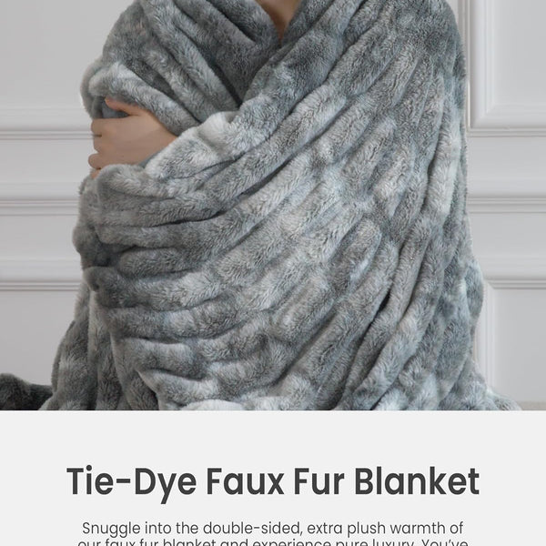 Faux Fur Blanket, Throw Blanket for Couch, Fluffy Blanket with Stretch Ruched Design, Ultra Soft Giftable Home Decor, 50x60 inches, Tie-Dyed in Gray
