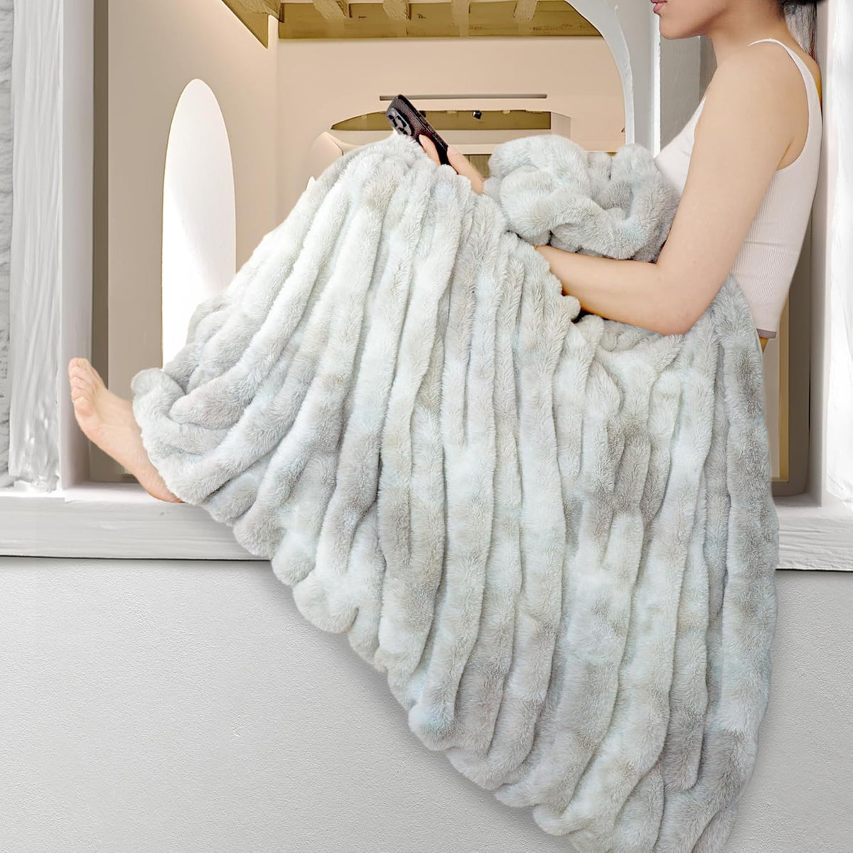 Faux Fur Blanket, Throw Blanket for Couch, Fluffy Blanket with Stretch Ruched Design, Ultra Soft Giftable Home Decor, 50x60 inches, Tie-Dyed in Khaki