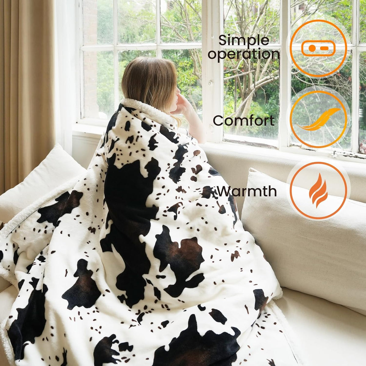 Cow Print Heated Throw Blanket Electric Blanket-Heating Blanket Throw with 5 Heat Levels & 4 Hours Auto-Off, Cozy Soft Fleece Sherpa, Washable, 50 x 60 Inches