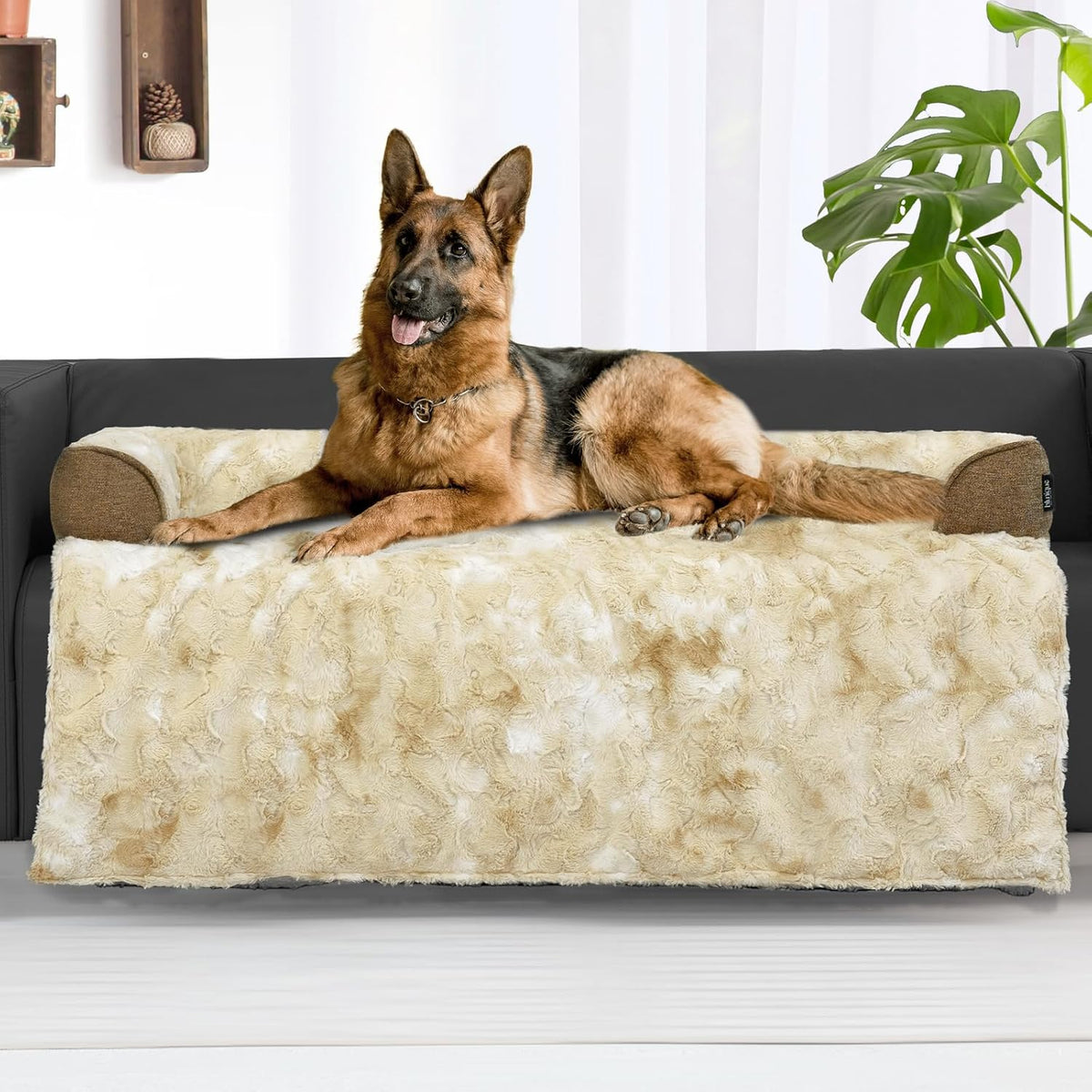 Calming Dog Couch Bed for Large Dogs, 41 x 37 inch Waterproof Removable Dogs Mat Couch Cover for Furniture Protector, Non-Slip Fluffy Pelsbarn Dog Bed for Couch, Sofa, Outdoor - Tie-Dye Khaki