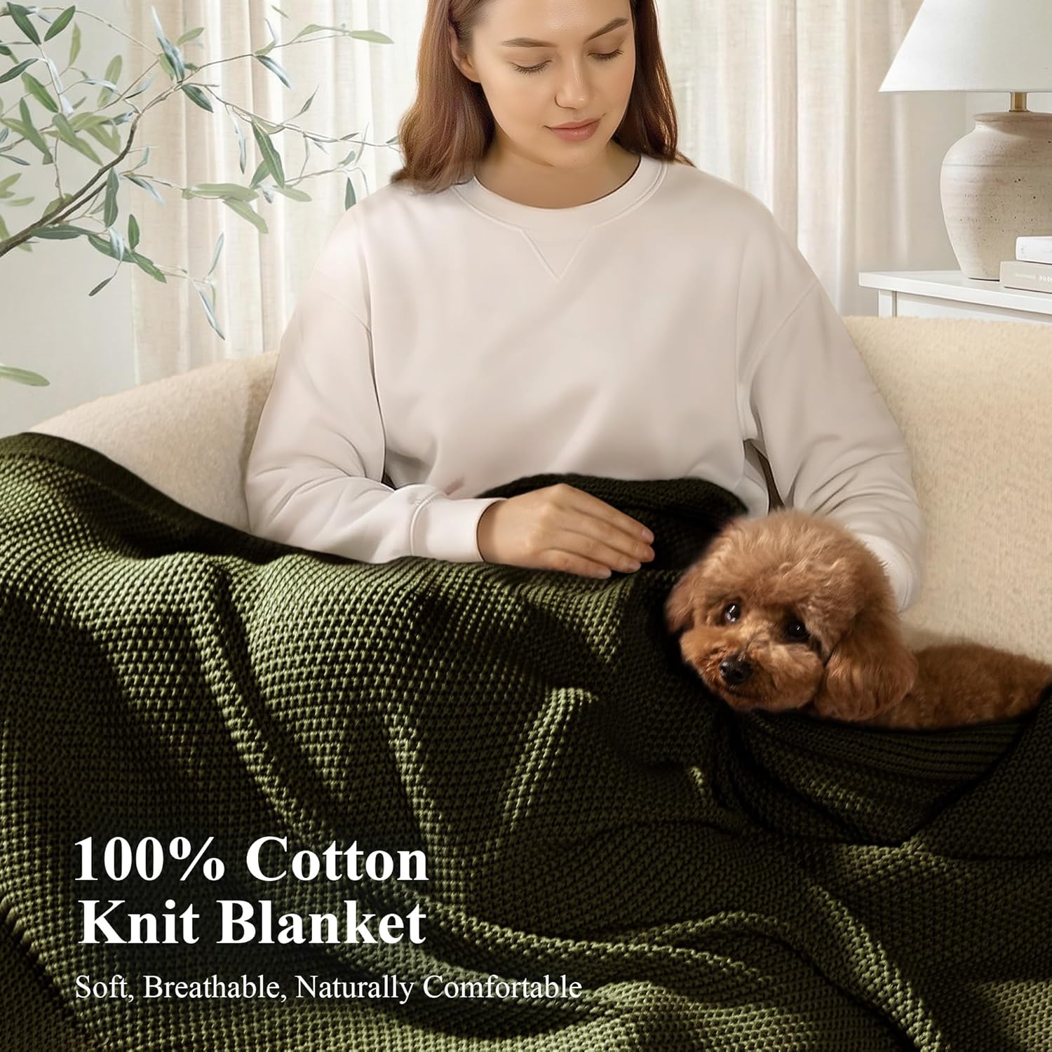 100% Cotton Cable Knit Throw Blanket, Lightweight Soft Knit Blanket for Sofa Couch Bed, Breathable All-Season Throw, Cozy Decorative Blanket, 50 x 60 Inch,Olive Green - blunique