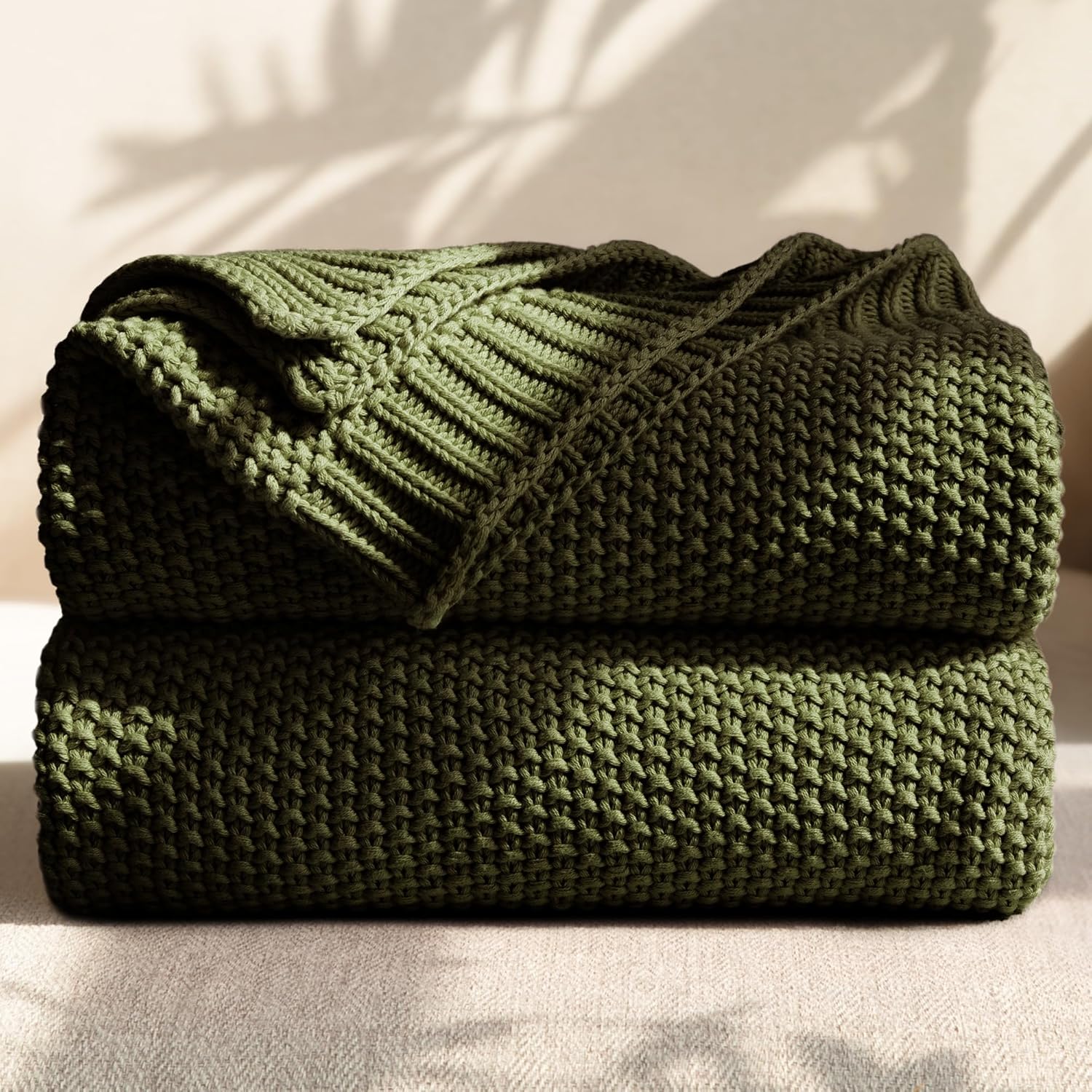 100% Cotton Cable Knit Throw Blanket, Lightweight Soft Knit Blanket for Sofa Couch Bed, Breathable All-Season Throw, Cozy Decorative Blanket, 50 x 60 Inch,Olive Green - blunique