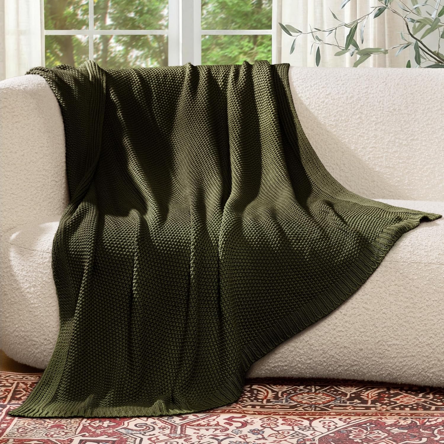 100% Cotton Cable Knit Throw Blanket, Lightweight Soft Knit Blanket for Sofa Couch Bed, Breathable All-Season Throw, Cozy Decorative Blanket, 50 x 60 Inch,Olive Green - blunique