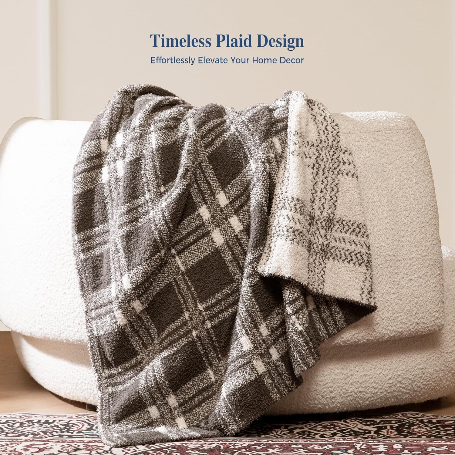 Reversible Plaid Throw Blanket for Couch, Super Soft Cozy Warm Knit Netural Decorative Fluffy Throw Blankets, Microfiber Throws Blanket for Sofa Bed Chair Living Room, 50x72 Inches Dark Taupe - blunique