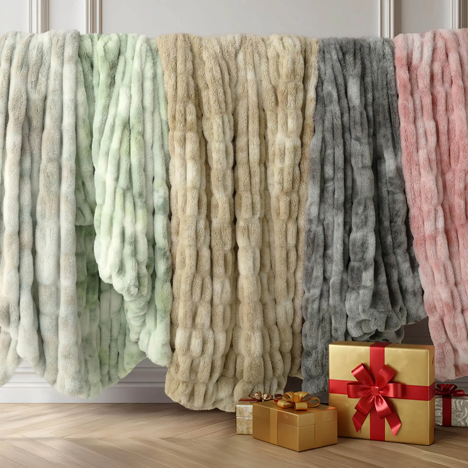 Draped faux fur blanket showing soft texture detail