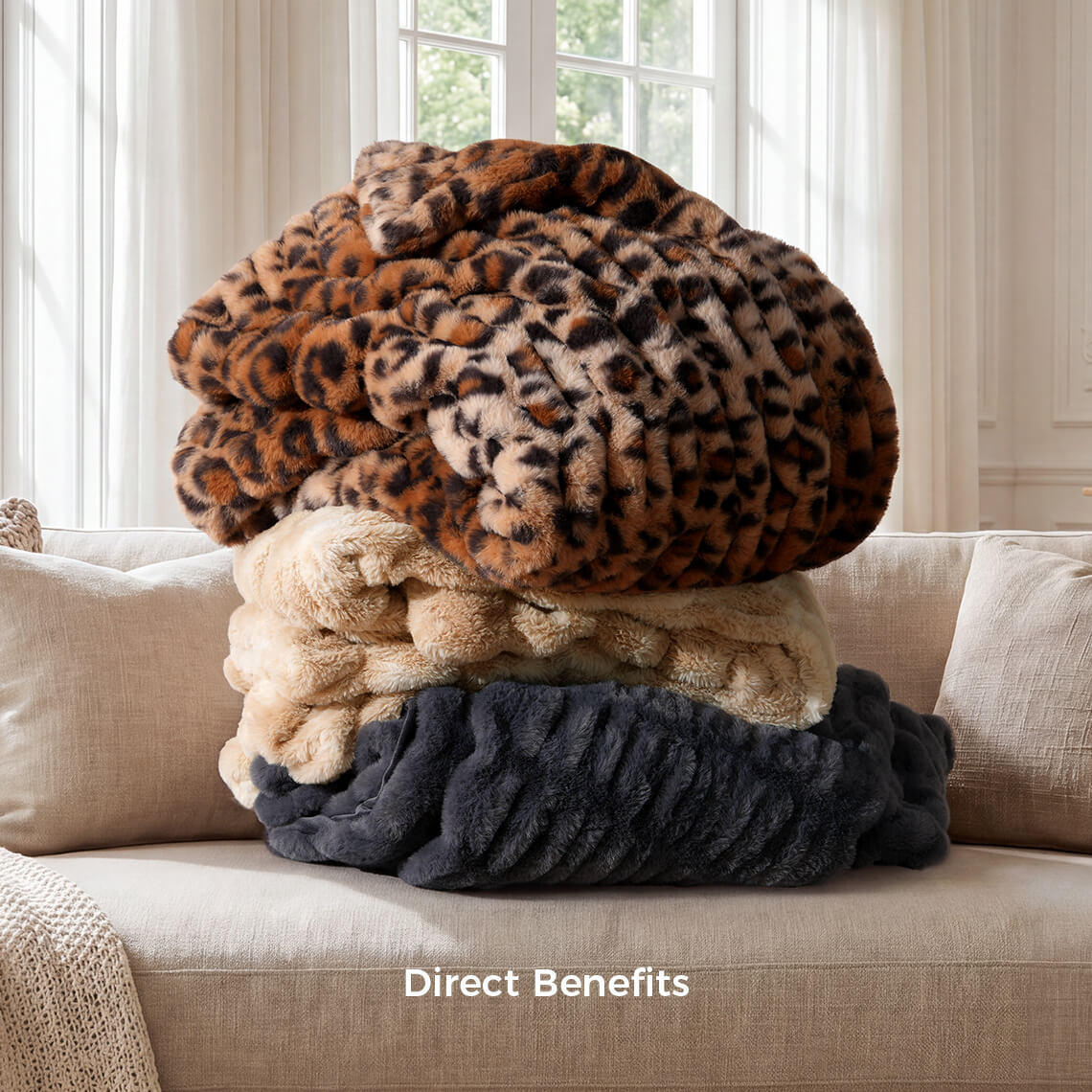 Stacked bubble faux fur blankets in multiple colors