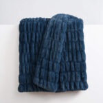 Ruched dual-sided Elastic Bunny faux fur blanket in solid blue plush fabric