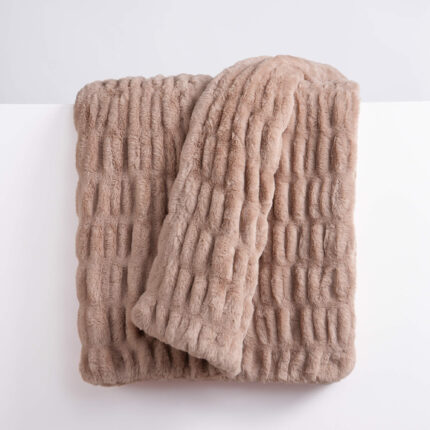 Ruched dual-sided Elastic Bunny faux fur blanket solid light brown fuzzy texture