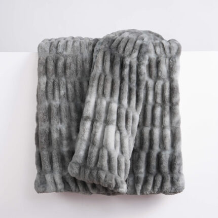 Ruched dual-sided Elastic Bunny faux fur blanket tie-dye light gray marbled finish
