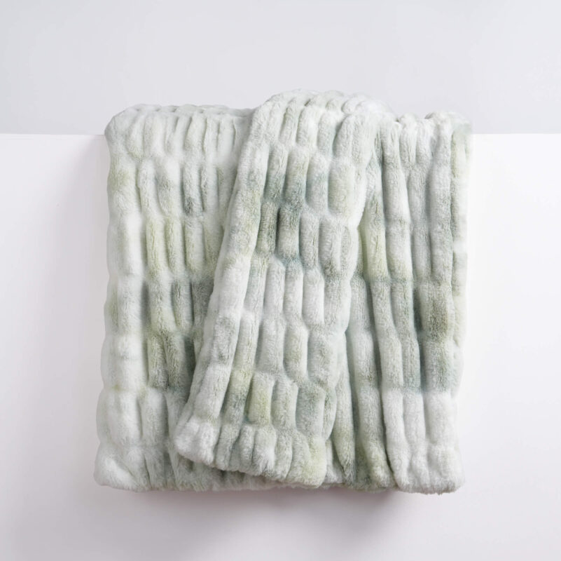 Ruched dual-sided Elastic Bunny faux fur blanket tie-dye muted sage green texture