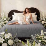 Dark Gray Cooling Bed Blanket White Floral Bedroom Lifestyle Shot, Soft Summer Cool Quilt