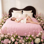 Pink Cooling Bed Blanket Pink Rose Floral Bedroom Lifestyle Shot, Summer Cool Comforter