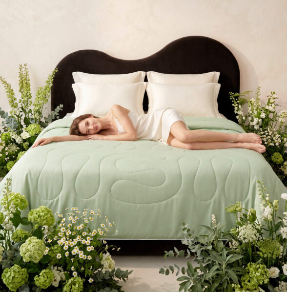 Sage Green Cooling Bed Blanket Green Floral Bedroom Lifestyle Shot, Breathable Cool Quilt