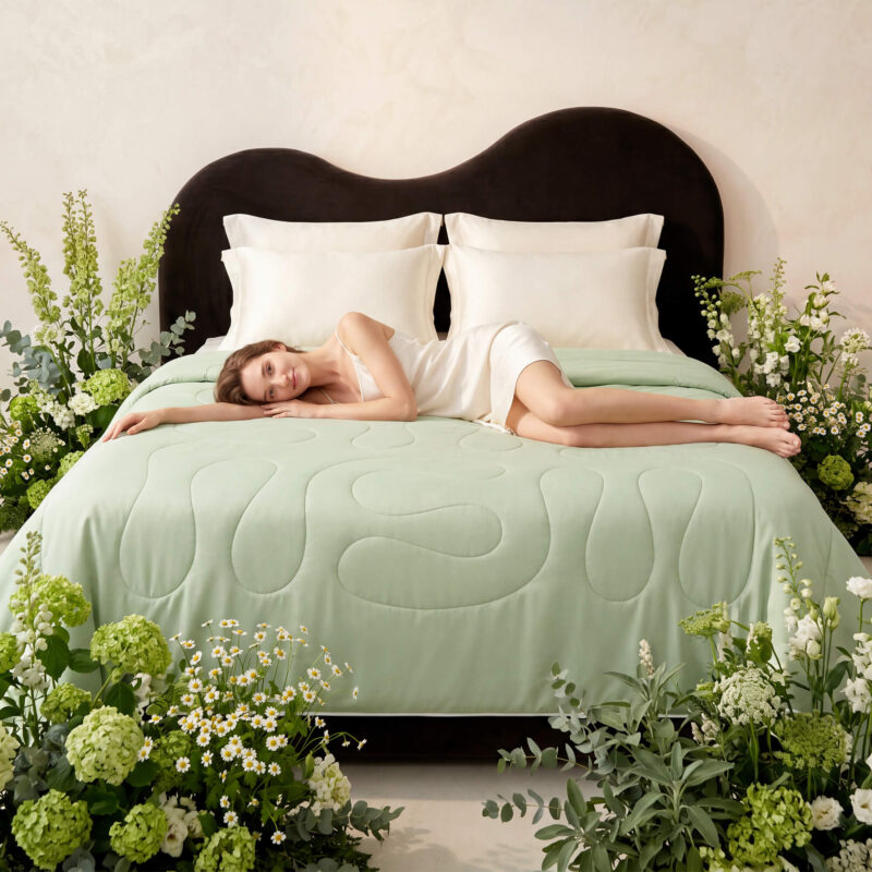 Sage Green Cooling Bed Blanket Green Floral Bedroom Lifestyle Shot, Breathable Cool Quilt
